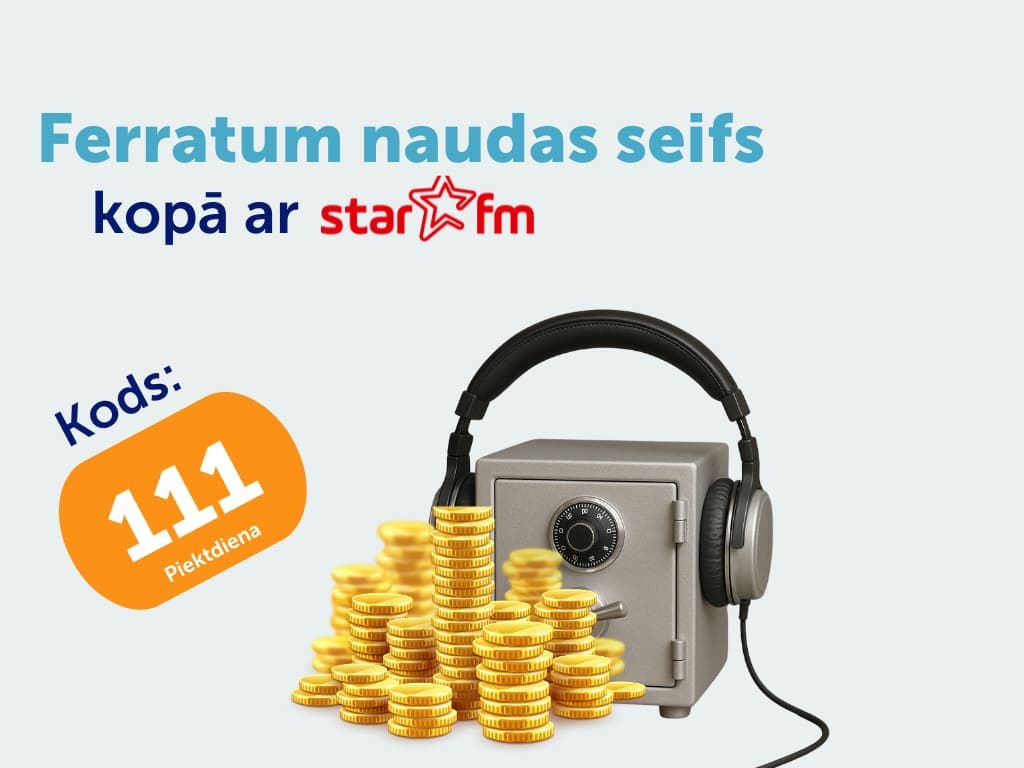 Parādīts Ferratum Seifs kampaņas attēls ar numuru 111, seifu un monētām.