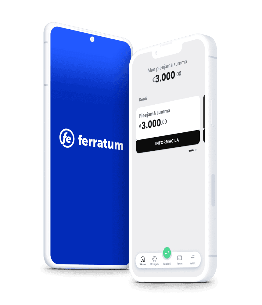 Ferratum mobilās lietotnes saskarni, kas parāda tās funkcijas un lietotājam draudzīgo dizainu